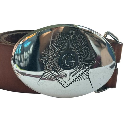 Levi Leather Belt with Solid Brass Masonic Freemasons Belt Buckle - Picture 2 of 8